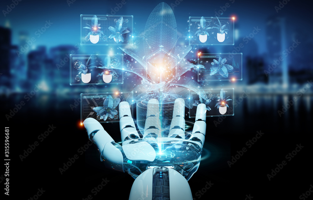 Leinwandbilder robot hand holding and touching holographic projection of a plant with digital analysis 3d rendering