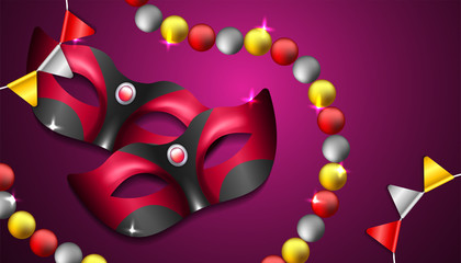 Carnival Party background with 3d realistic mask, balls and flag