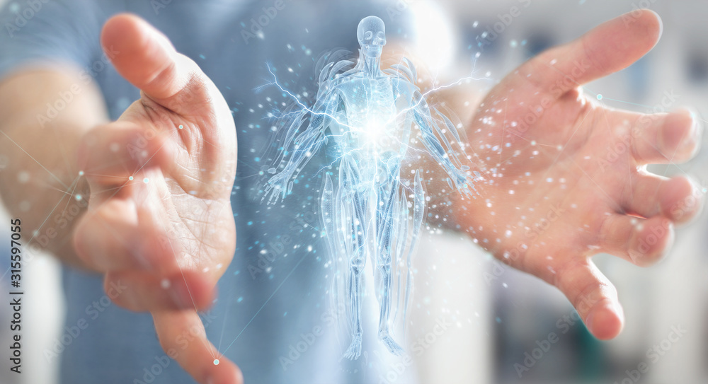 Poster Man using digital x-ray human body holographic scan projection 3D rendering