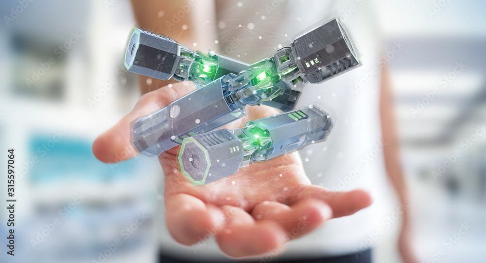 Poster man holding and touching green renewable energy battery 3d rendering