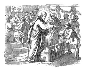 Vintage drawing or engraving of biblical story of Jesus changes water in wine at Cana in Galilee. Bible, New Testament,John 2. Biblische Geschichte , Germany 1859. - obrazy, fototapety, plakaty