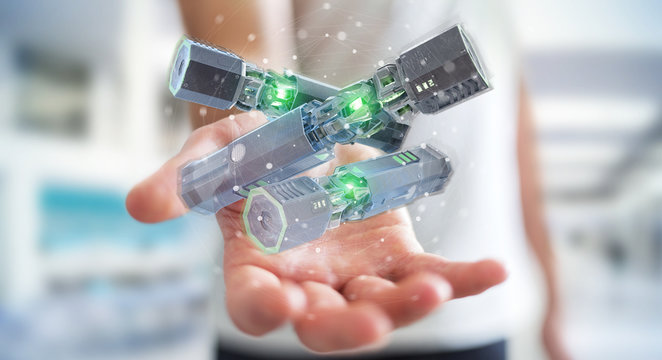 Man holding and touching green renewable energy battery 3D rendering
