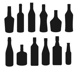 Alcohol drinks bottles silhouette icons, beverages bar menu symbols. Vector isolated vodka, Irish or Scotch whiskey and wine, cognac with absinthe, tequila and bourbon or beer bottles