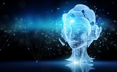 Artificial intelligence holographic projection with robot head 3D rendering