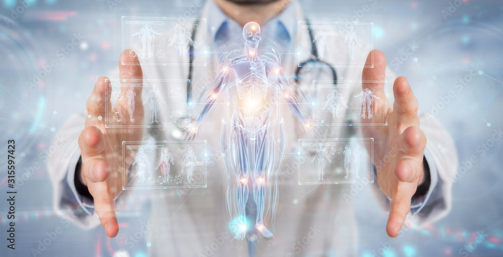 Poster radiologist using digital x-ray human body holographic scan projection 3d rendering