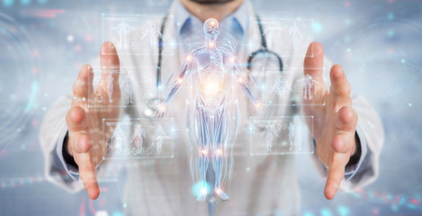Radiologist using digital x-ray human body holographic scan projection 3D rendering