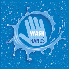 wash your hands-blue background with many water drops	