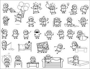 Drawing Art of Cartoon Fat Boy - Set of Concepts Vector illustrations