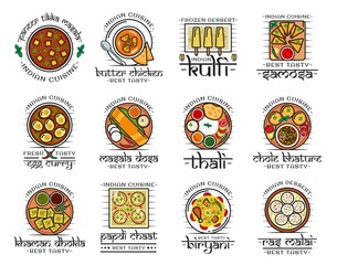 Indian restaurant menu icons, traditional India authentic cuisine food and cafe signs. Vector Indian meal vegetarian vegetables, desserts and curry rice, tandoori meat and fish, pastry and naan bread