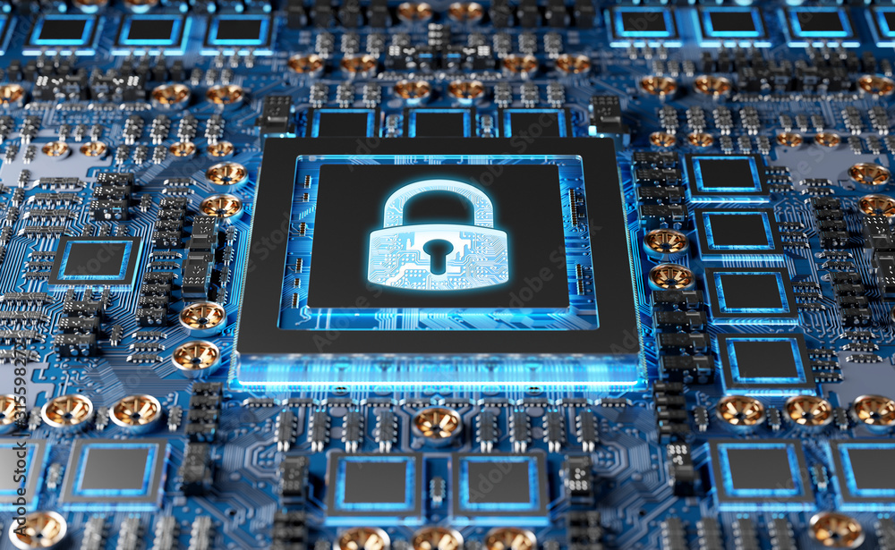 Fototapete close-up view of a modern gpu card with padlock protection 3d rendering