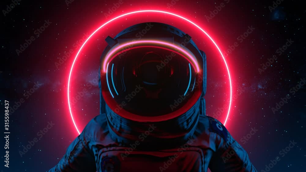 Wall mural astronaut in search of new planets in space. neon glowing lights. space background. seamless loop