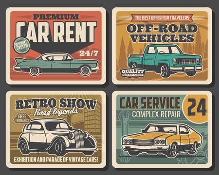 Car service, auto mechanic maintenance and automobile repair retro poster Vector old rare cars motor show, travel off-road vehicles rental, diagnostics and transport repair garage station