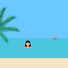 Young woman swims in the sea on the azure coast. Cartoon vector illustration, flat design