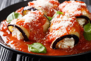 Baked eggplant roll with ricotta cheese in tomato sauce close-up in a plate on the table. horizontal