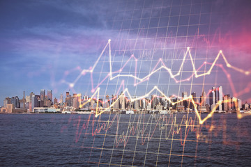 Forex graph on city view with skyscrapers background double exposure. Financial analysis concept.