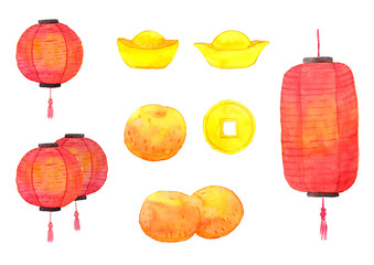 Oriental Happy Chinese New Year Element Watercolor Design, oranges, lantern, gold and coin. © fayfena