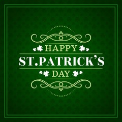 Fototapeta Happy St Patrick day, Irish Celtic holiday greeting lettering on green shamrock clover leaf pattern background. Vector Ireland traditional Saint Patrick party poster with ornate frames obraz