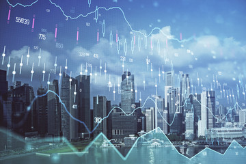Forex chart on cityscape with skyscrapers wallpaper multi exposure. Financial research concept.