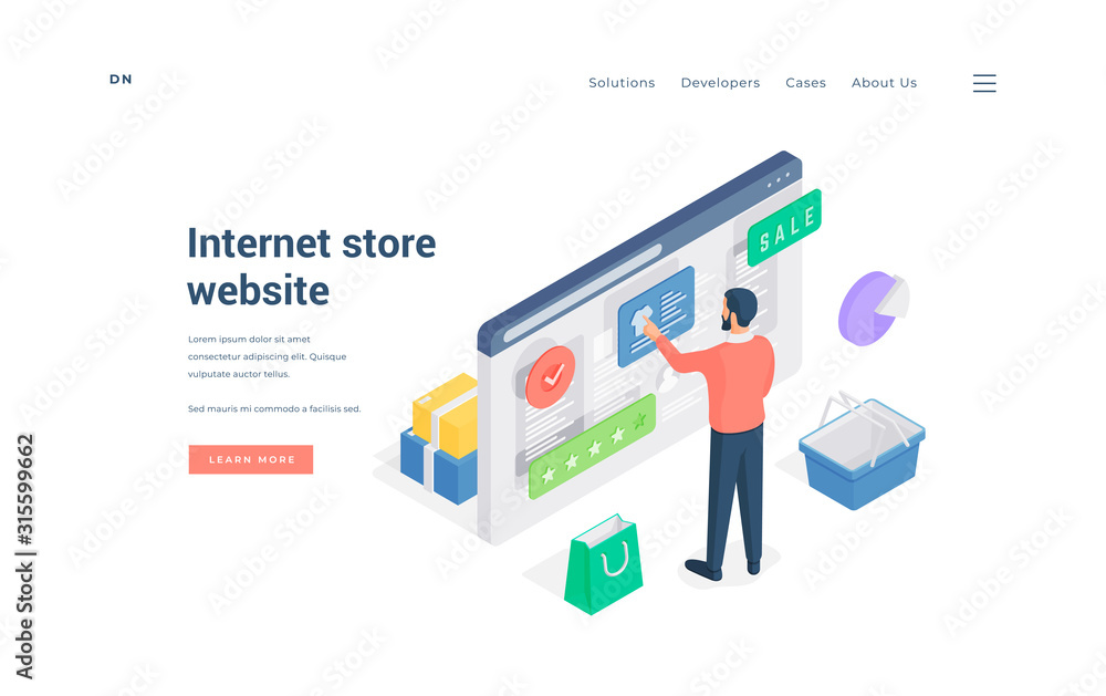 Poster man browsing internet store website isometric vector illustration