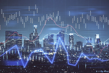 Forex chart on cityscape with tall buildings background multi exposure. Financial research concept.