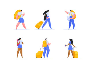 Travelling and journey flat vector illustrations set public transport trip