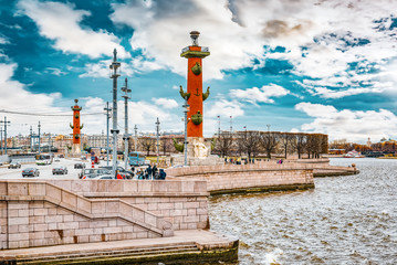 Obraz premium Rostral Columns on the spit of Vasilievsky island. Saint Petersburg.