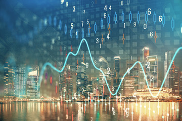 Financial chart on city scape with tall buildings background multi exposure. Analysis concept.