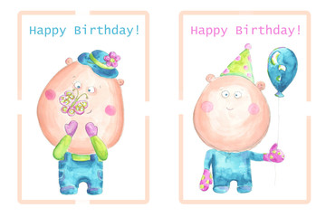 A set of  greeting card template for boys and girls. Children's watercolor illustration. Delicate pastel colors.