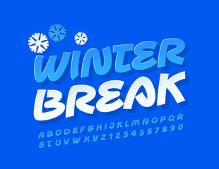 Vector Bright Emblem Winter Break. Set of handmade sticker style Alphabet Letters and Numbers. Stylish Blue Font.