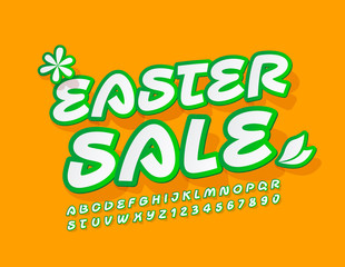 Vector colorful Sign Easter Sale. Bright Font for Kids Marketing. Green and White Alphabet Letters and Numbers.
