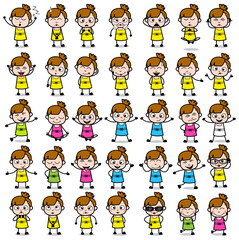 Cartoon Teen Girl Poses Collection - Set of Various Vector illustrations