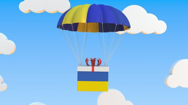 Carton with flag of Ukraine falls with a parachute. Loopable conceptual 3D animation