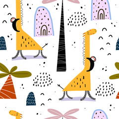 Seamless pattern with cartoon giraffes, sloths, palm trees, rainbows, decor elements. Flat style, colorful vector for kids. Hand drawing, animals. baby design for fabric, print, wrapper, textile