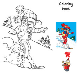 Happy little girl is snowboarding. Winter holiday. Coloring book. Cartoon vector illustration