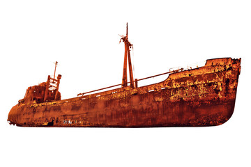 Side view of the rusty shipwreck in Glyfada beach near Gytheio, Gythio Laconia, Peloponnese, Greece. Isolated on white background with copy space.
