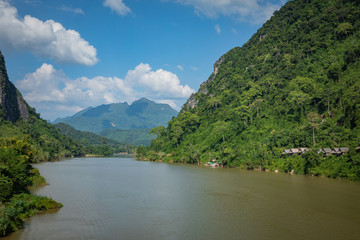 Obraz na płótnie Canvas View of mountains and river Nong Khiaw. North Laos. Southeast Asia.