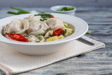 Soup with dumplings garnished with onions and peppers. In the background are greens, red peppers and bay leaves. On a light wooden background.