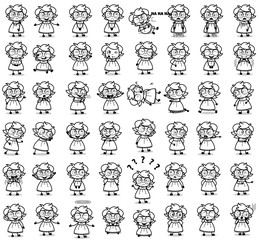 Cartoon Retro Intelligent Girl Poses - Set of Concepts Vector illustrations