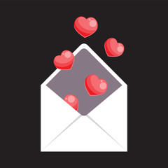An open envelope with hearts flying out of it on a black isolated background. Vector image. Cartoon.