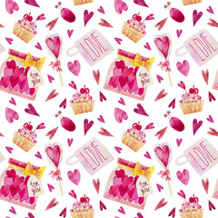 Valentine's day seamless pattern with valentines and sweets, white background
