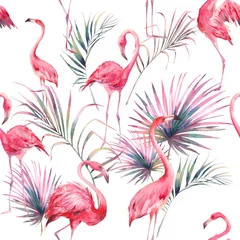 Garden poster Flamingo Watercolor flamingo and summer floral texture. Hand drawn seamless pattern with exotic leaves and branches on white background. Beach wallpaper design