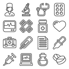 Health and Medical Icons Set on White Background. Line Style Vector