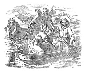 Vintage drawing or engraving of biblical story of Jesus and the miraculous catch of fish. Fishing on sea of Galilee.Bible, New Testament,John 21. Biblische Geschichte , Germany 1859.