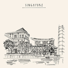 Singapore waterfront. City view from water. Travel sketch. Vintage travel postcard, poster