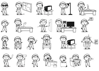 Comic Retro Repairman Character - Set of Concepts Vector illustrations