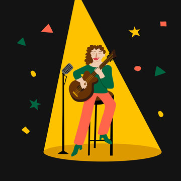 Girl singer with a guitar and microphone in the spotlight cartoon illustration in flat style. Woman musician perform. Great for invitations, poster, stickers