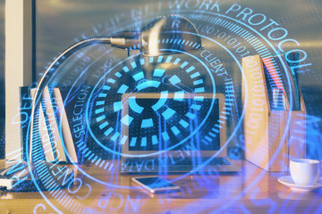 Double exposure of computer and technology theme hud. Concept of innovation.