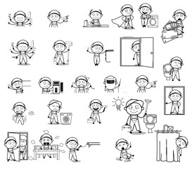 Drawing of Cartoon Serviceman Character - Set of Concepts Vector illustrations