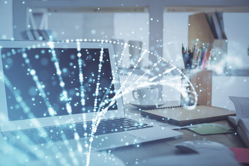 Naklejka premium Desktop computer background and DNA drawing. Double exposure. Science concept.