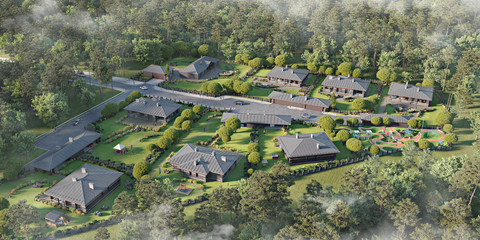 Aerial view of a townhouse village / gated community in the foggy morning, 3d rendering